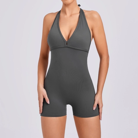 Women Halter Neck Deep V Backless Scrunch Butt Yoga Jumpsuit Nylon Spandex High Elastic Fitness Bodysuit Sports Romper