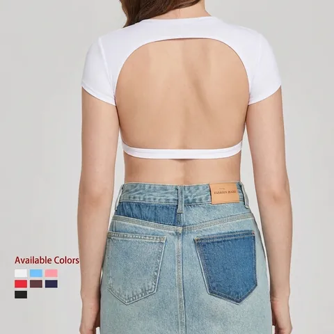 Women Backless Yoga Top Short Sleeve Crop Top Nylon Spandex High Stretch Breathable Workout Tee For Running Fitness Gym Athletic Clothing