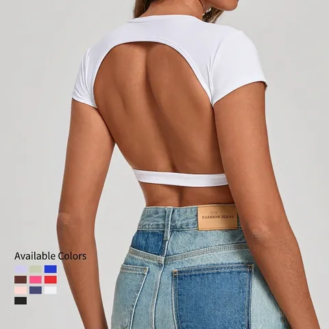 Top Sportivo da Yoga da Donna con Schiena Scoperta Sensazione Nuda Manica Corta Asciugatura Rapida Maglietta Fitness con Imbottiture Rimovibili