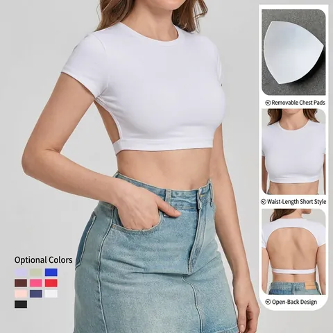 Top Sportivo da Yoga da Donna con Schiena Scoperta Sensazione Nuda Manica Corta Asciugatura Rapida Maglietta Fitness con Imbottiture Rimovibili