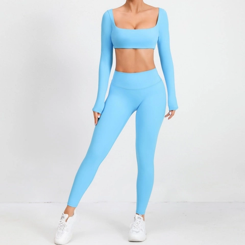 Ensemble de Yoga Femme Col Carré Manches Longues Leggings de Sport Sans Couture Taille Haute Tenue d'Entraînement Pièces