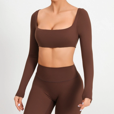 Camiseta de Yoga Manga Larga Para Mujer Cuello Cuadrado Nylon Spandex Secado Rápido Top Deportivo Fitness Crop Top