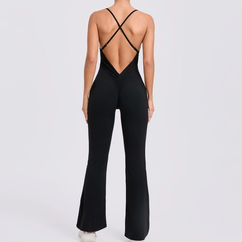 Women's Criss Cross Back Flare Leg Yoga Unitard High Stretch Ruched Butt Jumpsuit Adjustable Strap Fitness Sportswear