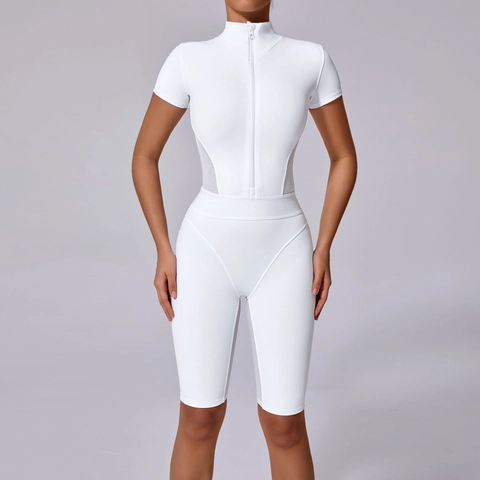 Women Short Sleeve Yoga Bodysuit Zipper Front Mesh Patchwork Sporty Romper Tight Fitting Fitness Workout One Piece Jumpsuit