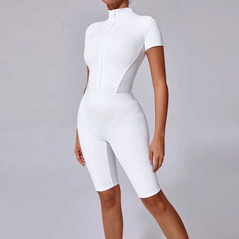 Women Short Sleeve Yoga Bodysuit Zipper Front Mesh Patchwork Sporty Romper Tight Fitting Fitness Workout One Piece Jumpsuit