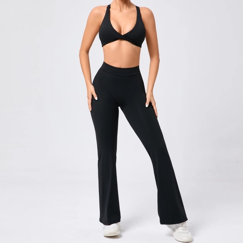 Damen Slim Fit Gebürstet Yoga Outfit Kreuzrücken Sport BH Und Hohe Taille Schlaghose Gesäßfalten Gym Workout Trainingsanzug