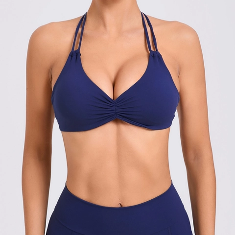 Brassière de Sport Froncée Dos Nu pour Femmes Doubles Bretelles Fines Débardeur de Yoga Dos Ouvert Séchage Rapide Fitness