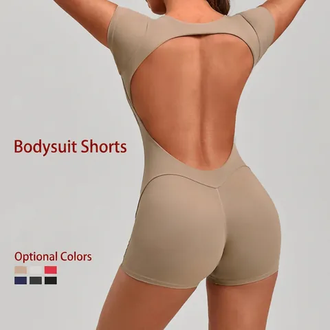 Body da Yoga Donna a Schiena Scoperta Manica Corta Tuta Sportiva Intera Aderente Controllo Pancia Push-up Glutei Fitness Palestra