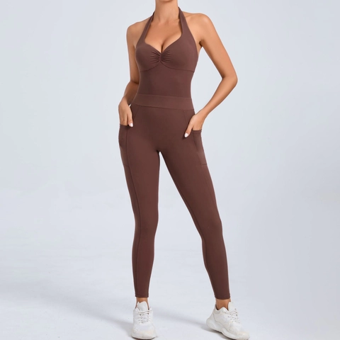 Women Halter Backless Yoga Jumpsuit Nylon Spandex Ruched Butt Lifting Workout Unitard Activewear Bodysuit With Side Pockets