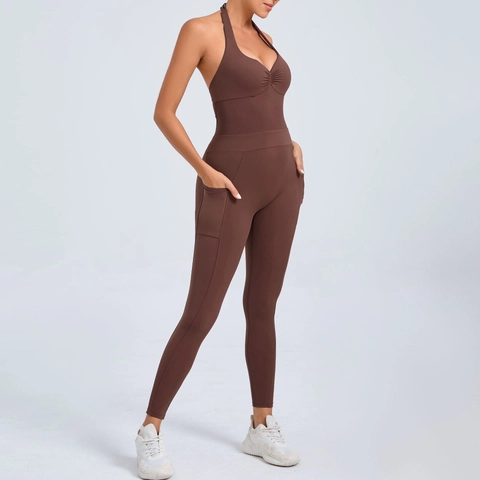 Women Halter Backless Yoga Jumpsuit Nylon Spandex Ruched Butt Lifting Workout Unitard Activewear Bodysuit With Side Pockets