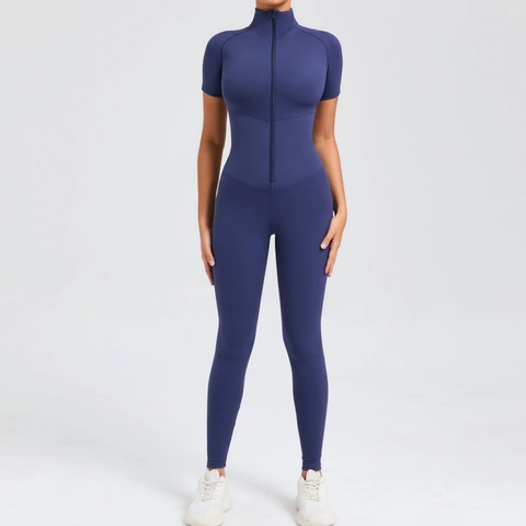 Dames Yoga Jumpsuit Met Korte Mouwen En Rits Een Stuk Strakke Pasvorm Hoge Stretch Sportief Bodysuit Sportschool Romper