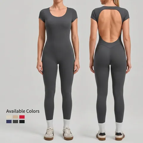 Damen Rückenfrei Yoga-Body Kurzarm Sport-Jumpsuit Schnelltrocknend Athletik Fitness Einteiler Slim Fit Workout Fitness-Outfit