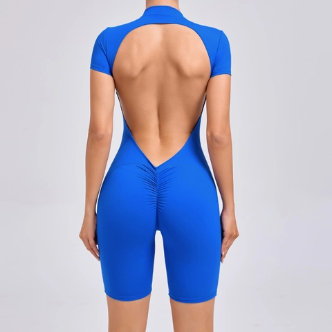 Body Yoga da Donna a Maniche Corte con Schiena Scoperta Tuta Fitness in Nylon Spandex ad Alta Elasticità con Cerniera Anteriore e Arricciatura Glutei