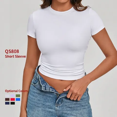 Women's Slim Fit Sports T-Shirt High Elastic Round Neck Short Sleeve Top For Running Fitness Yoga Workout Breathable Solid Color Gym Clothing