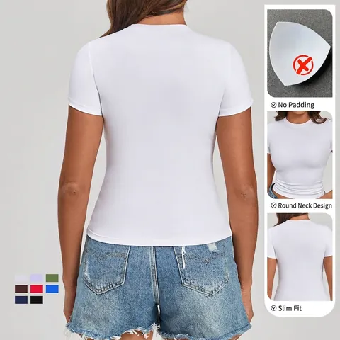 Women's Slim Fit Sports T-Shirt High Elastic Round Neck Short Sleeve Top For Running Fitness Yoga Workout Breathable Solid Color Gym Clothing