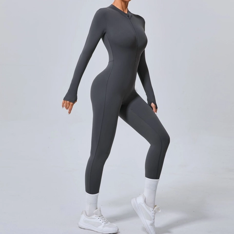 Tuta Sportiva Aderente da Donna a Maniche Lunghe con Mezza Zip Bodysuit per Yoga con Fori per il Pollice Alta Elasticità Catsuit