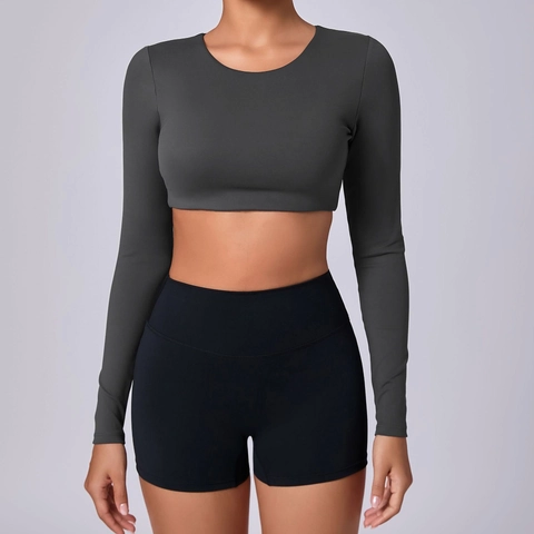 Women Long Sleeve Yoga Crop Top Nylon Spandex Tight Fitness Sport T-Shirt Solid Color Slim Fit Workout Top Activewear
