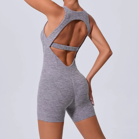 Einteiliger Rückenfreier Yoga Jumpsuit Damen Fitness-Anzug Mit Cut-Out Hoch Elasthan Sport Body Overall Mit Brustpolstern