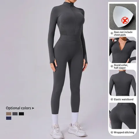Damen Langarm Yoga Jumpsuit Nylon Elasthan Slim Fit Einteiler Workout Body Mit Daumenlöchern Reißverschluss Sport Unitard