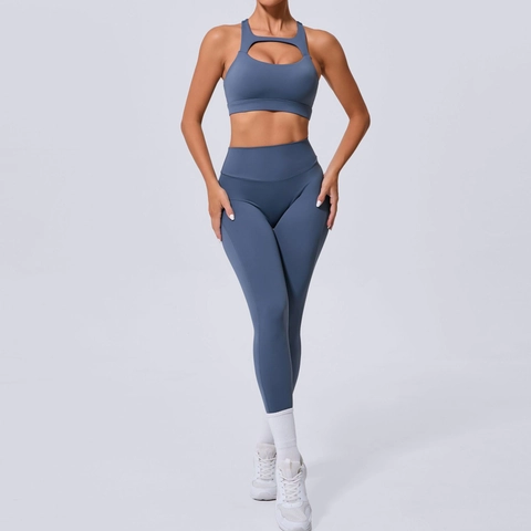 Completo Sportivo Donna Yoga Top E Leggings a Vita Alta Reggiseno Sportivo Cut-out Con Tasche Asciugatura Rapida Fitness Gym
