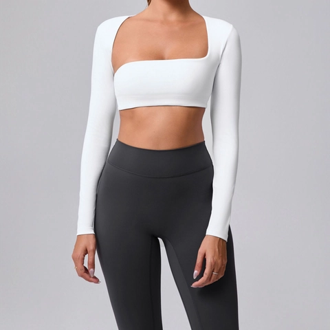 Damen Langarm Yoga Crop Top Rückenfrei Ausgeschnitten Sportshirt Asymmetrischer Ausschnitt Fitness Gym Top Mit Herausnehmbaren Pads