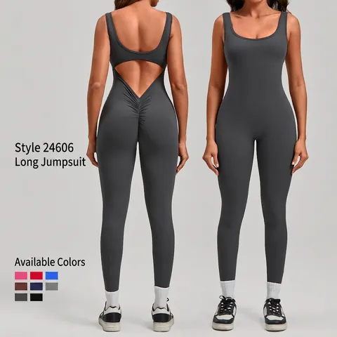 Tuta da Yoga Senza Schienale da Donna in Nylon Spandex Ruched Scrunch Sollevamento Glutei Senza Maniche Fitness Bodysuit
