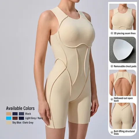 Dames Sportieve Jumpsuit Uit Eén Stuk Open Rug Yoga Romper Naadloos Slim Fit Lichaamsvormend Atletisch Unitard Met Contrastnaden