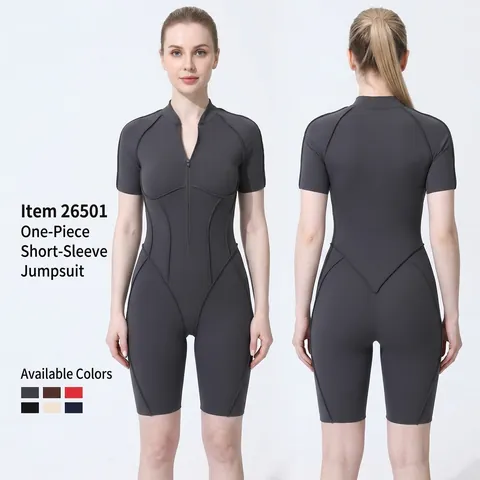 Body Yoga da Donna a Manica Corta Con Cerniera Anteriore Tuta Sportiva Aderente Elasticizzata Un Pezzo Abbigliamento Sportivo