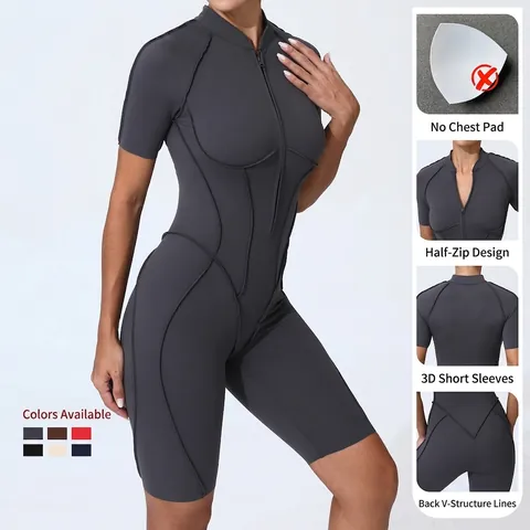 Body Yoga da Donna a Manica Corta Con Cerniera Anteriore Tuta Sportiva Aderente Elasticizzata Un Pezzo Abbigliamento Sportivo