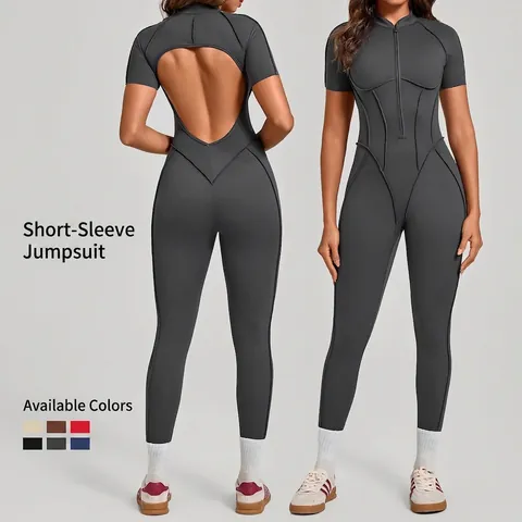 Women Stand Collar Zipper Jumpsuit Short Sleeve Slim Fit Yoga Unitard Open Back Nylon Spandex Sportswear One Piece Jumpsuit