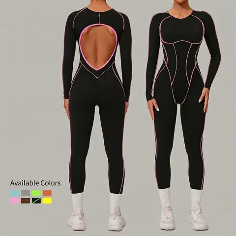 Dames Hoge Elasticiteit Yoga Jumpsuit Lange Mouw Kleurblok Atletische Bodysuit Open Rug Slim Fit Sport Romper Nylon Spandex