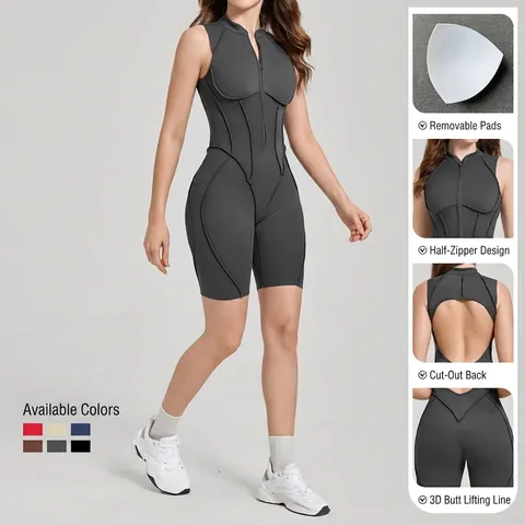 Pagliaccetto Yoga da Donna Senza Maniche con Cerniera Frontale Tuta Senza Schienale Tinta Unita Body Atletico Monopezzo per Fitness
