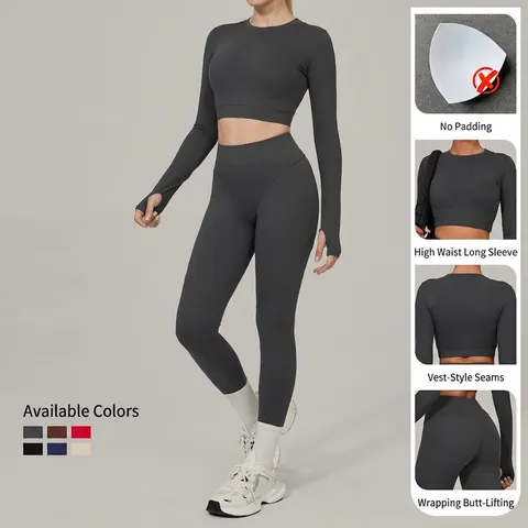 Damen High Waist Leggings Langarm Crop Top Sportbekleidung Nylon Spandex Feuchtigkeitstransport Yoga Fitness Athleisure