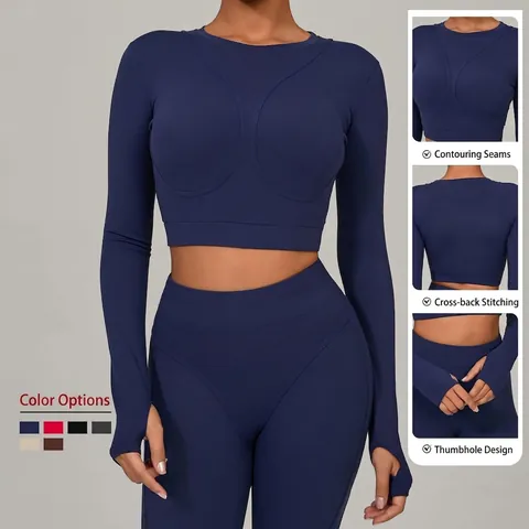 Set da Yoga in Nylon Spandex per Donna Top Corto a Maniche Lunghe Con Asole per i Pollici Leggings a Vita Alta
