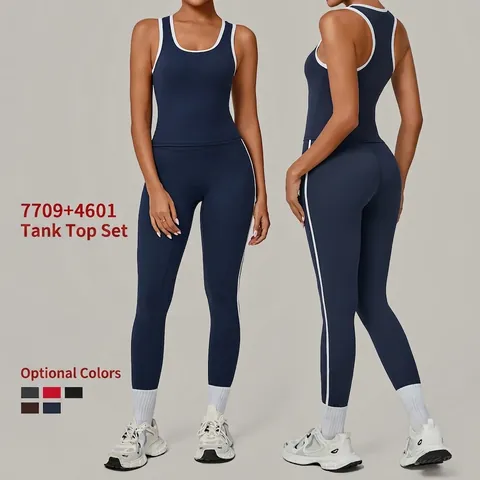 Women Contrast Color Block Splicing Yoga Outfit Sleeveless Tank Top And High Waist Compression Leggings Sport Fitness Suit