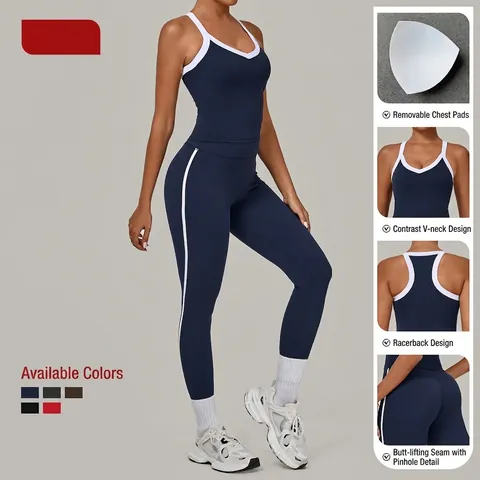 Women Two Piece Yoga Fitness Set Contrast Piping Racerback Sports Bra High Waist Leggings Gym Activewear Suit