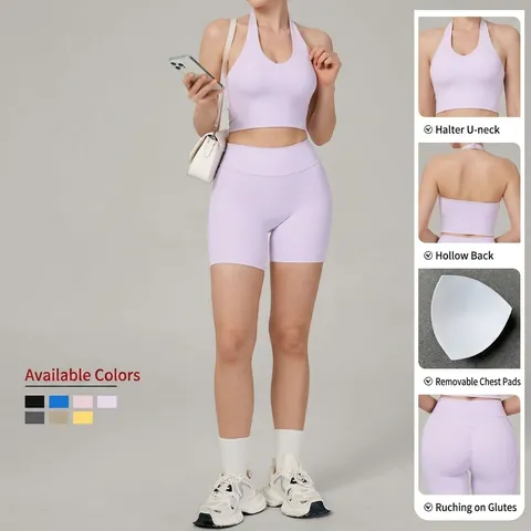 Dames Halter Nek Yoga Outfits Twee Stuk Workout Gym Bra En Scrunch Butt Shorts Nylon Spandex Ademend Sportkleding Pak