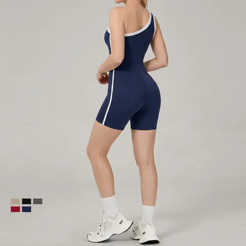 Tuta da Yoga Monospalla Donna con Bordo a Contrasto Body Fitness Schiena Scoperta Traspirante Unitard Sportivo Modellante
