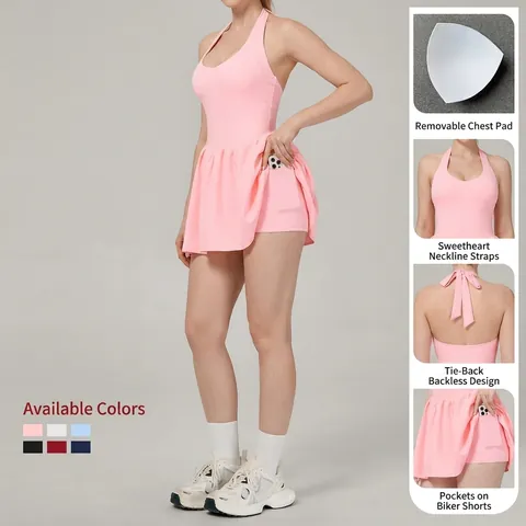 Abito da Tennis da Donna Scollo all'Americana Schiena Scoperta Con Pantaloncini e Tasche Senza Maniche Abito Sportivo