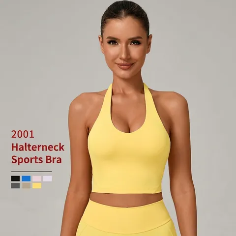 Women Halter Neck Sports Bra Adjustable Buckle Open Back Yoga Top Removable Pads High Stretch Gym Fitness Running Activewear