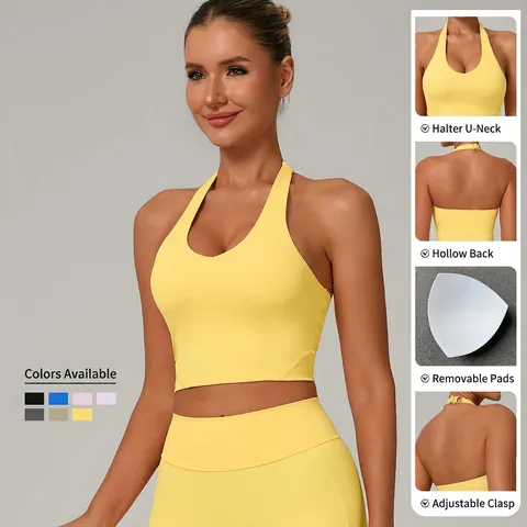 Women Halter Neck Sports Bra Adjustable Buckle Open Back Yoga Top Removable Pads High Stretch Gym Fitness Running Activewear