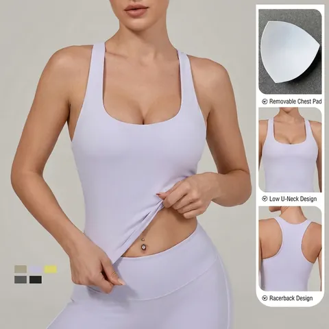 Women U-Neck Racerback Yoga Tank Top With Removable Pads High Elasticity Crop Top Sport Bra For Gym Running Fitness