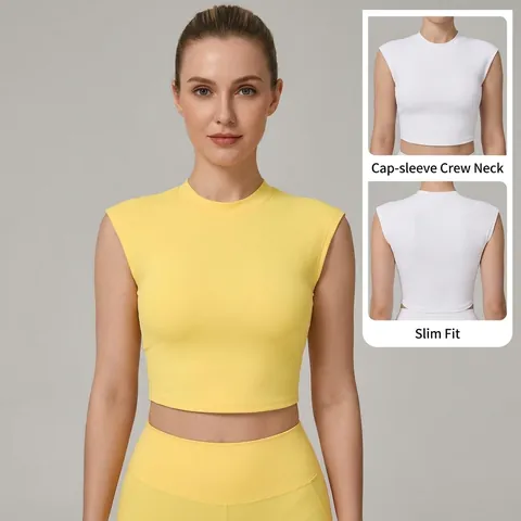 Women High Elastic Nylon Spandex Slim Fit Crop Top Yoga T-Shirt Solid Color Flutter Sleeve Workout Gym Running Sportswear