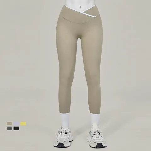 Dames Hoge Taille Gekruiste V-Tailleband Yogabroek Naakt Gevoel Contrast Trim Elastische Fitness Leggings Hardlopen Gym Sportkleding