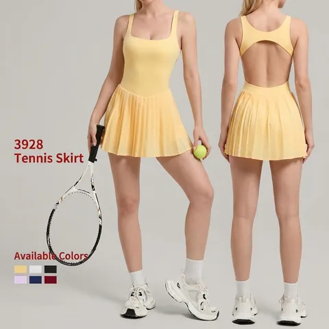 Damen Rückenfreies Sport Tenniskleid Plissiertes Athletisches Minikleid Mit Integriertem BH Und Taschen Ärmelloses Workout Golfkleid