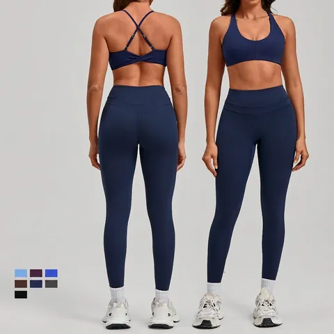 Damen Nahtloses Hohe Taille Yoga Outfit Überkreuzter Rücken Sport-BH und Leggings Workout Trainingsanzug Gym Fitness Activewear