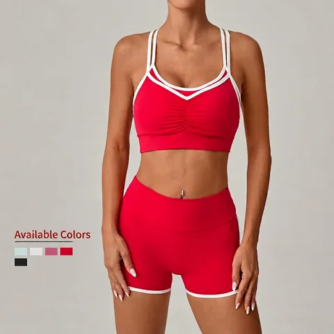 Ensemble De Yoga Pour Femmes Bordure Contrastée Brassière De Sport Et Short Taille Haute Respirant Tenue De Fitness