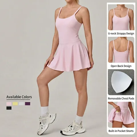 Women Breathable Nylon Spandex Tennis Dress With Built In Bra And Shorts Athletic Pleated Backless Mini Sportswear