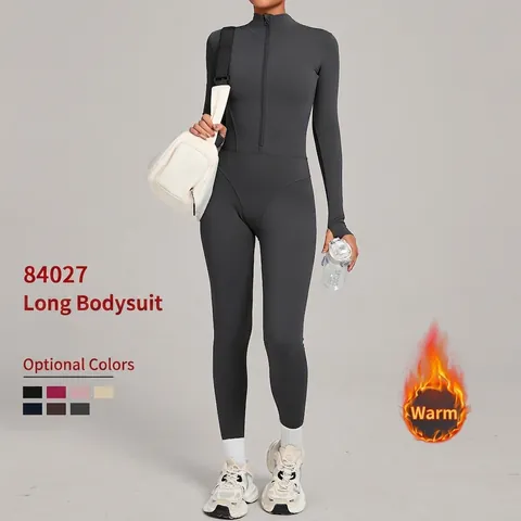 Women's Fleece Lined Yoga Jumpsuit Stand Collar Half Zip Long Sleeve Activewear Bodysuit With Thumbholes Winter Warm Fitness Romper