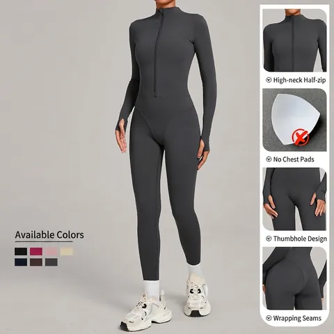 Women's Fleece Lined Yoga Jumpsuit Stand Collar Half Zip Long Sleeve Activewear Bodysuit With Thumbholes Winter Warm Fitness Romper